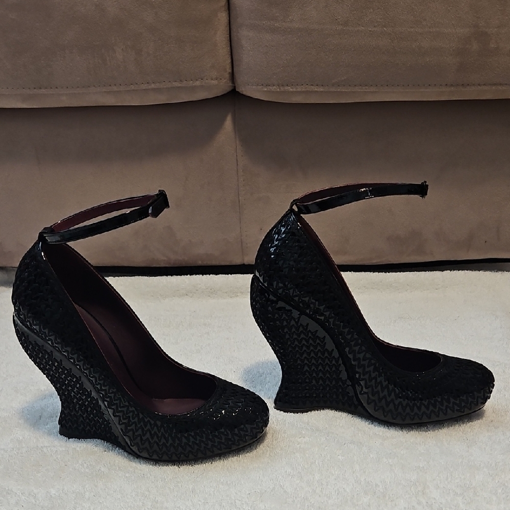 Bottega Black Wedge Ankle-Strap Women's Wedges New